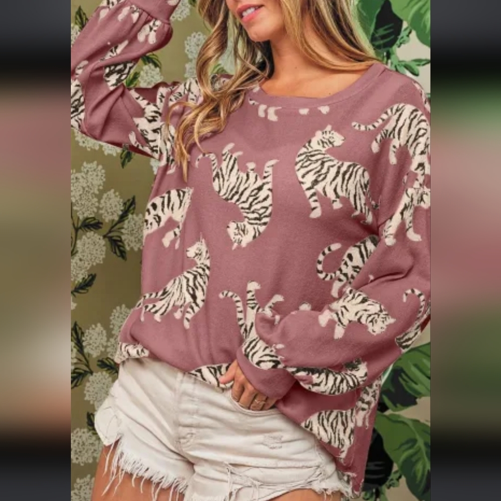 Rose Red Lively Tiger Print Casual Sweatshirt!